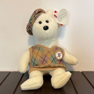 Ty Stuffed Bear with Argyle Sweater and Beret - Cream, Brown, Green